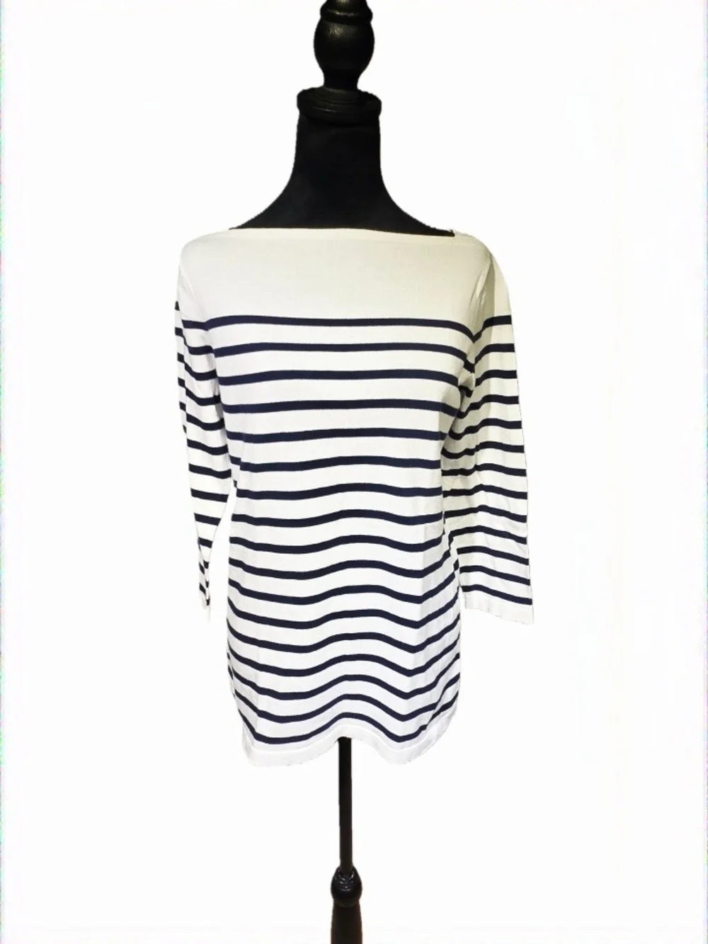 Tommy Bahama 100% White Top with Navy Stripes - Boatneck 3/4 Sleeve - Picture 6 of 9